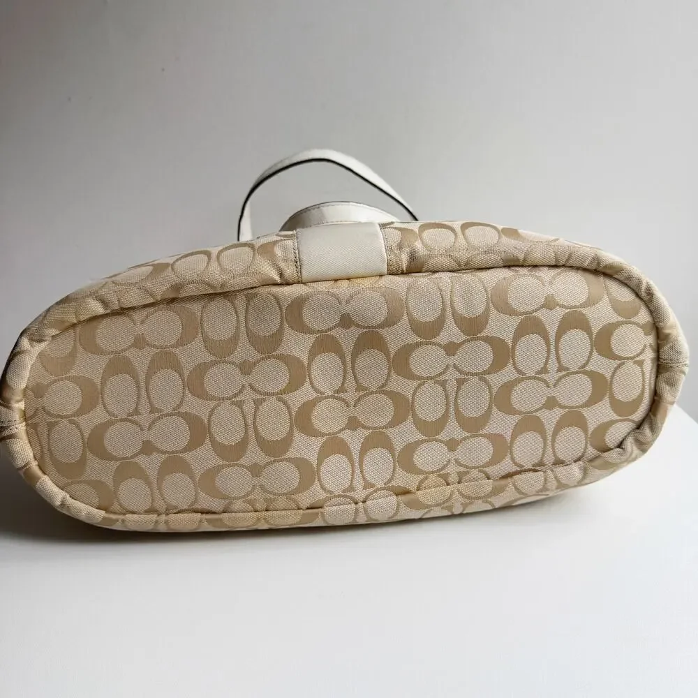 Coach Signature Monogram Satin Stripe Tan Canvas White Leather Devin Bag